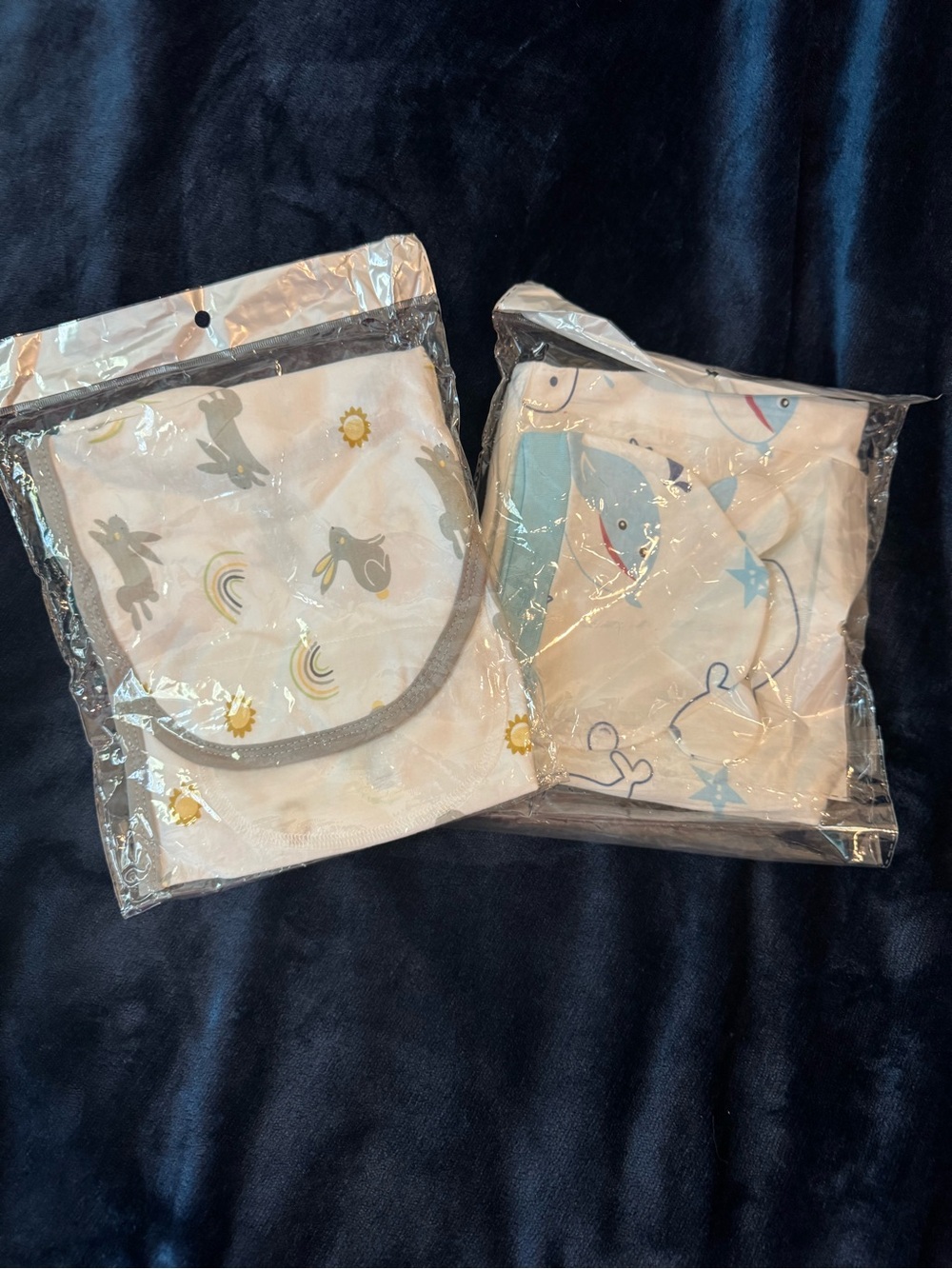 Baby Muslin Swaddle Set with Bunny & Shark Prints - White & Light Blue